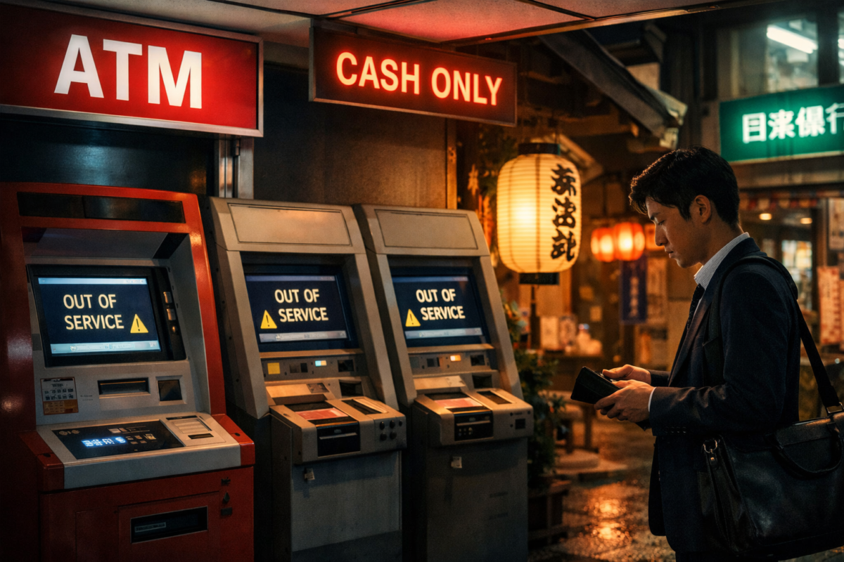 Nighttime scene of Japanese ATMs showing “Out of Service” signs beside a “Cash Only” notice, with a businessman holding his wallet under the glow of lanterns on a traditional street.