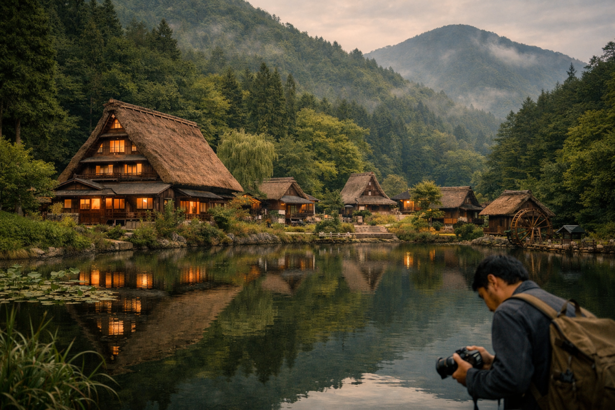 A tranquil Japanese mountain village with thatched-roof houses reflected in a calm lake, surrounded by misty forests and distant peaks, capturing the serene charm of Japan beyond its famous landmarks.