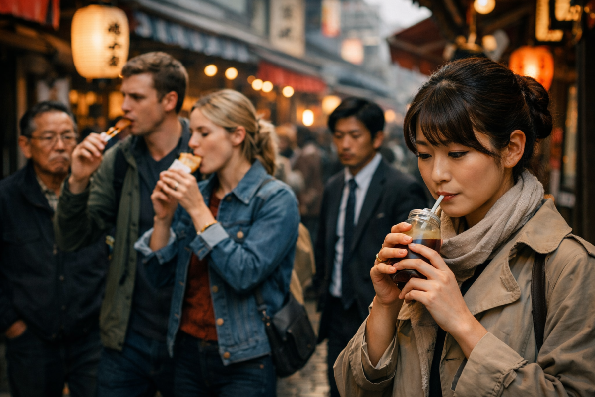 Japanese woman sipping discreetly from a drink while tourists eat and walk through a busy market street, as locals glance disapprovingly under glowing lanterns.