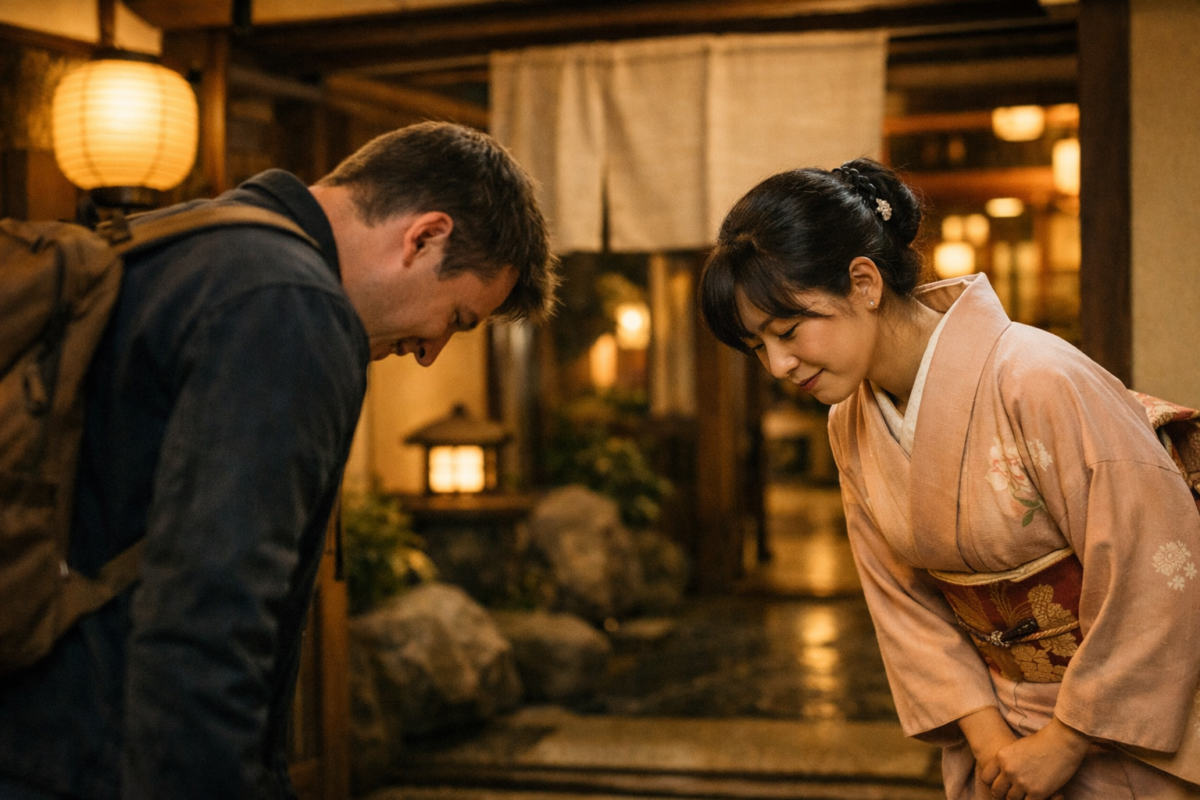 A foreign traveler bows respectfully to a Japanese woman in a kimono at the entrance of a traditional inn, both exchanging graceful gestures under warm lantern light, reflecting Japan’s culture of courtesy.