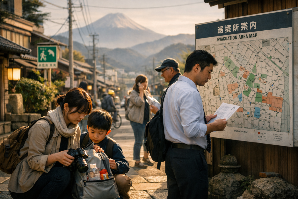 A Japanese city street scene with people checking emergency kits and an evacuation map, with distant mountains in the background, reflecting preparedness for earthquakes and typhoons.