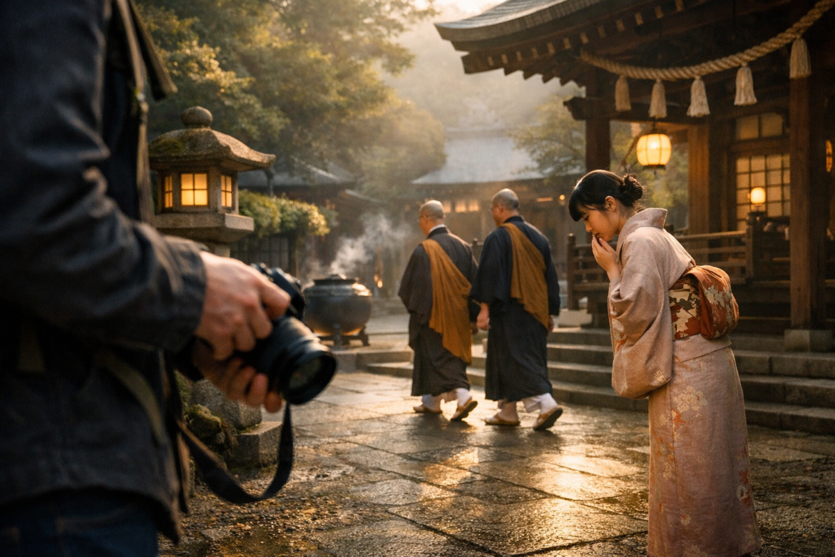 A traveler lowers their camera near a tranquil Japanese temple courtyard as monks walk past under soft morning light, symbolizing Japan’s deep respect for sacred and private spaces.