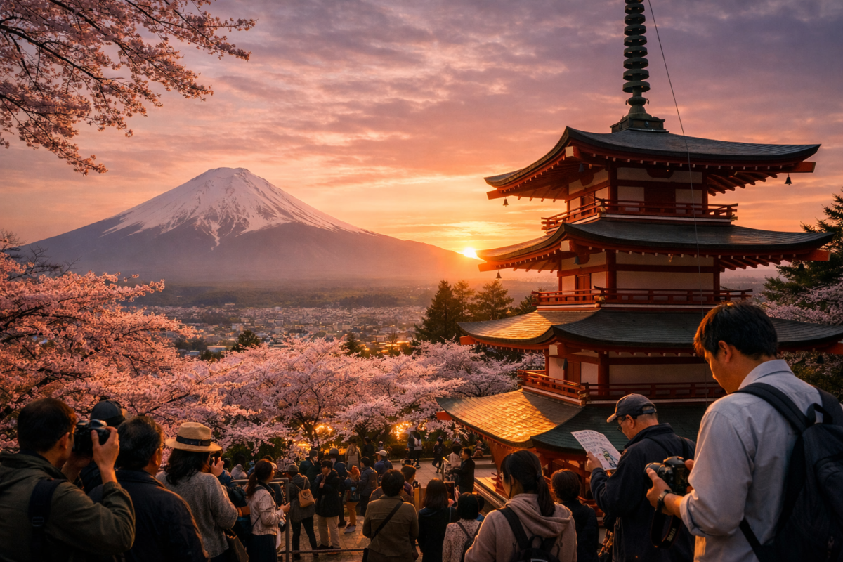 Sunset view of Mount Fuji and the Chureito Pagoda surrounded by cherry blossoms in full bloom, with visitors admiring the pink petals and golden sky, capturing Japan’s iconic spring beauty.