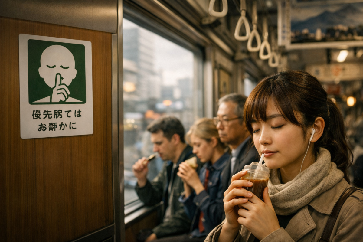 Inside a Japanese commuter train, passengers sit quietly—some reading, others resting—under soft sunlight and a “Please be quiet” sign, capturing Japan’s unexpected calm in public spaces.