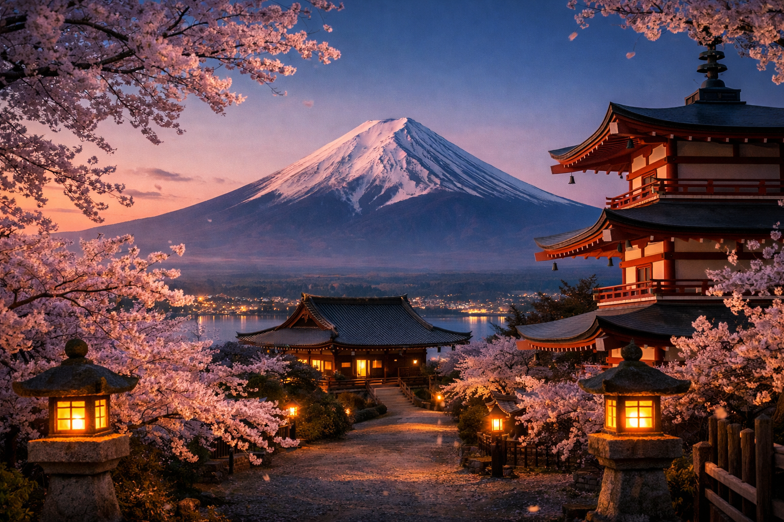 Japan - Mount Fuji rising above cherry blossoms at twilight, with a traditional pagoda and glowing stone lanterns reflected in a calm lake.