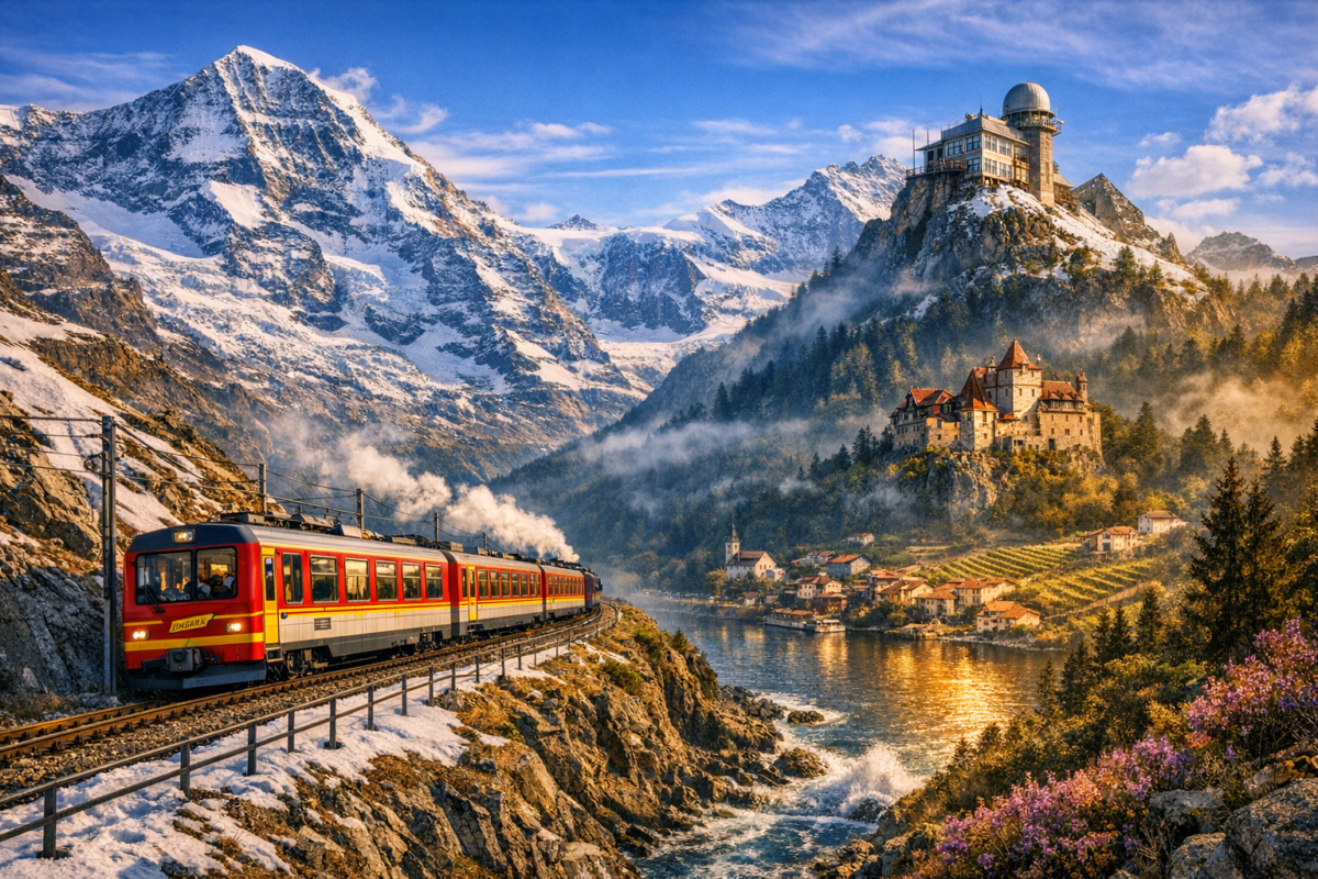  Red and yellow train climbing toward the Jungfraujoch, surrounded by snow‑covered peaks, with the observatory station perched near the summit under a brilliant blue sky.