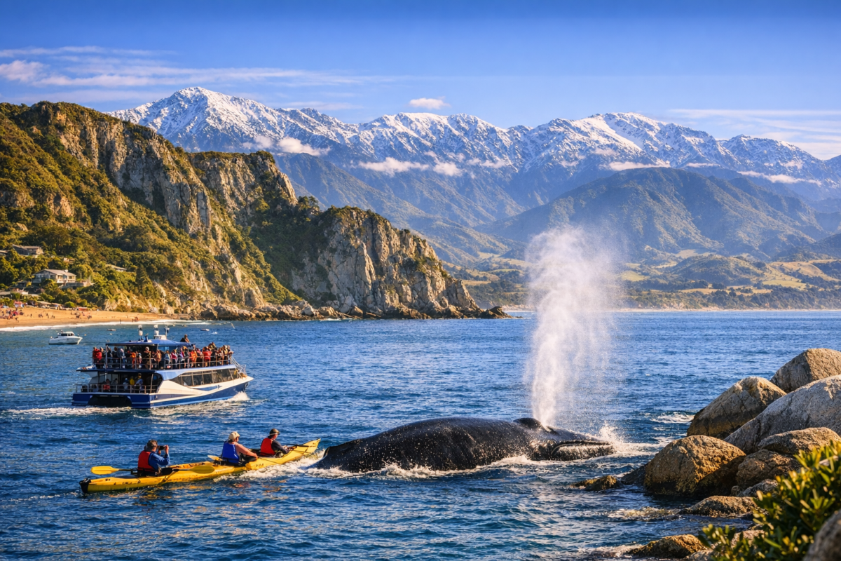  Humpback whale surfacing near a whale‑watching boat off Kaikōura’s rugged coast, with snow‑capped mountains and green cliffs under a clear blue sky.