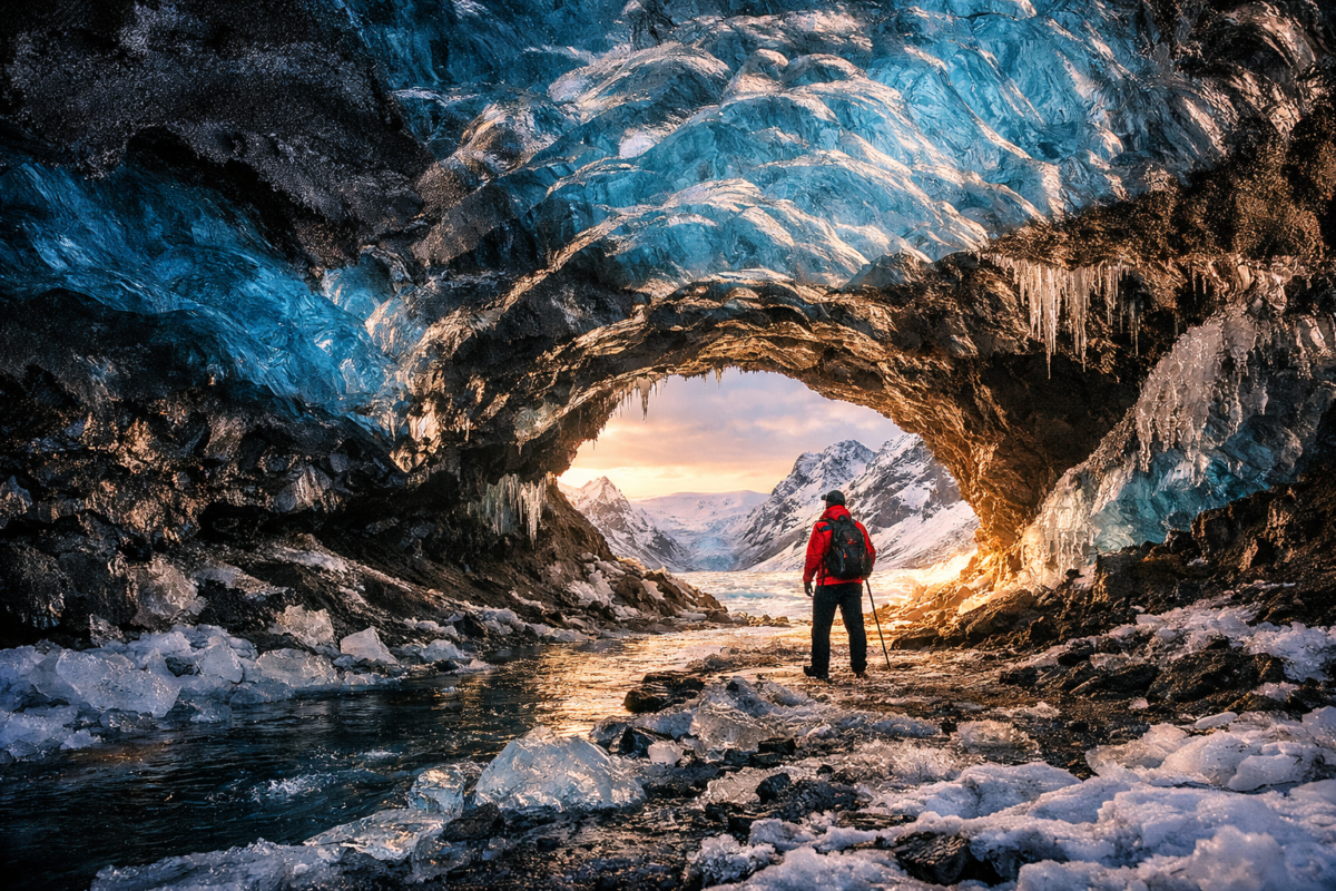 Iceland in winter showing Katla ice cave with blue and black volcanic ice, explorer in red jacket standing at cave entrance overlooking snow-covered mountains.