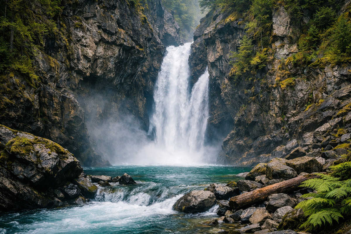 A powerful waterfall plunging through a narrow rocky canyon into a turquoise river near Harrison Hot Springs, surrounded by moss-covered cliffs and misty forest light.