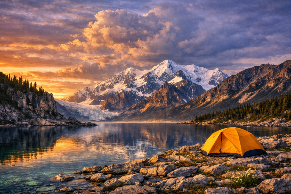 Panoramic view of Kluane National Park & Reserve, Yukon, showing glacier-fed lake, snow-capped mountains, golden sunset sky, and a yellow tent on rocky shore.