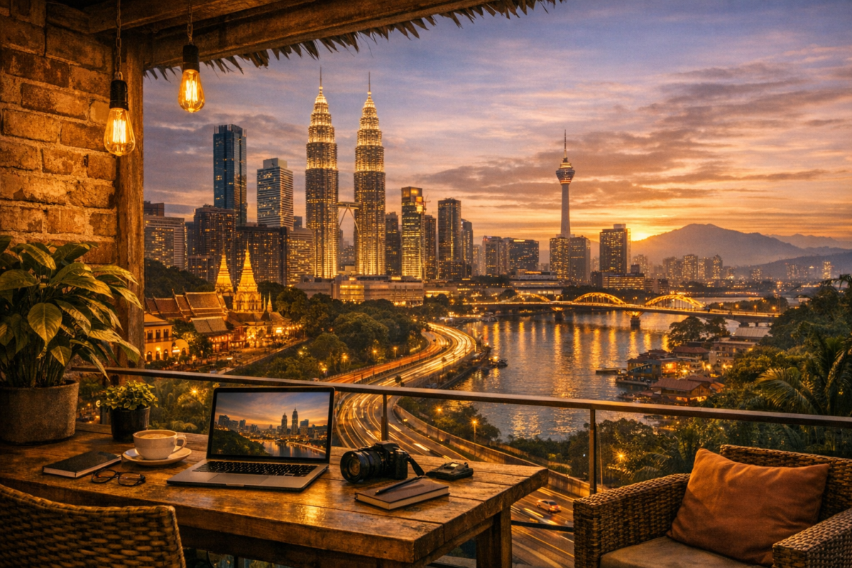Rooftop workspace overlooking Petronas Towers and city highways at sunset.