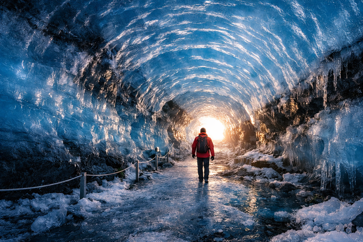 Iceland in winter showing Langjökull ice tunnel with illuminated blue walls, arched icy corridor, and explorer in red jacket walking toward bright exit light.