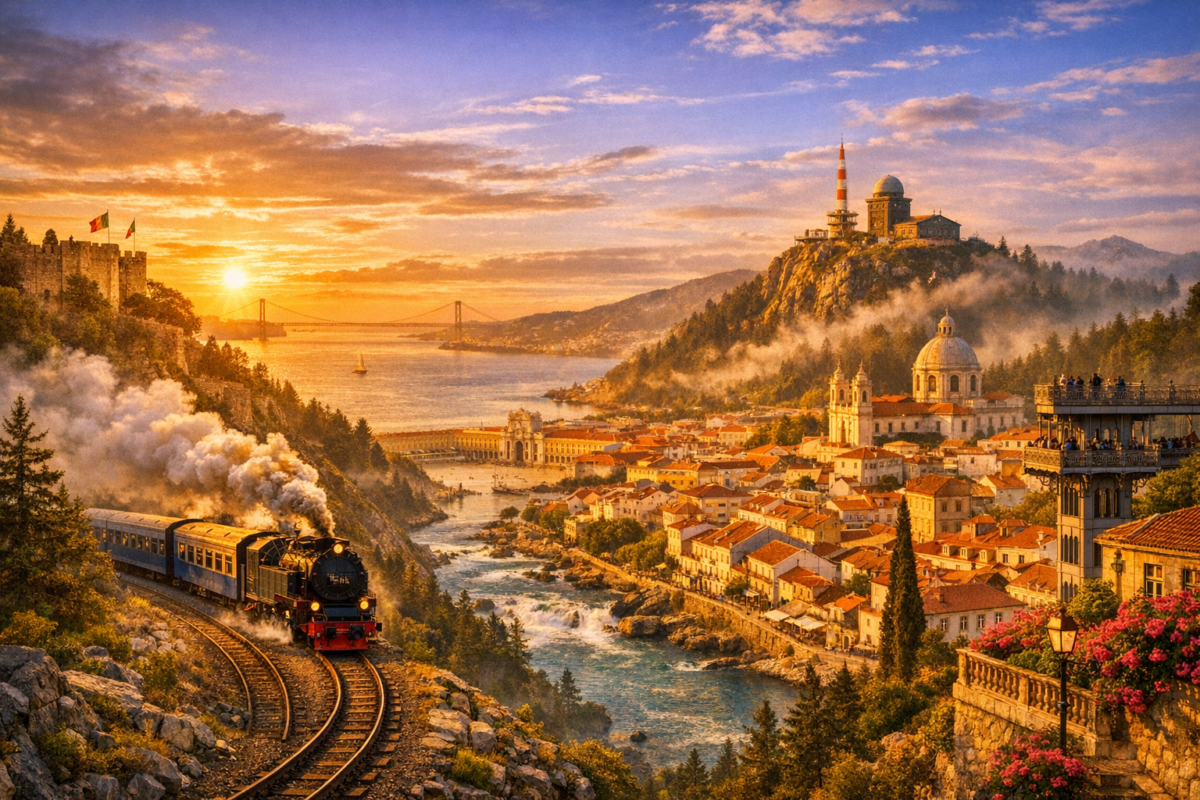  Panoramic view of Lisbon at sunset with São Jorge Castle on the hill, Alfama’s colorful rooftops cascading toward the Tagus River, and the 25 de Abril Bridge glowing in golden light.
