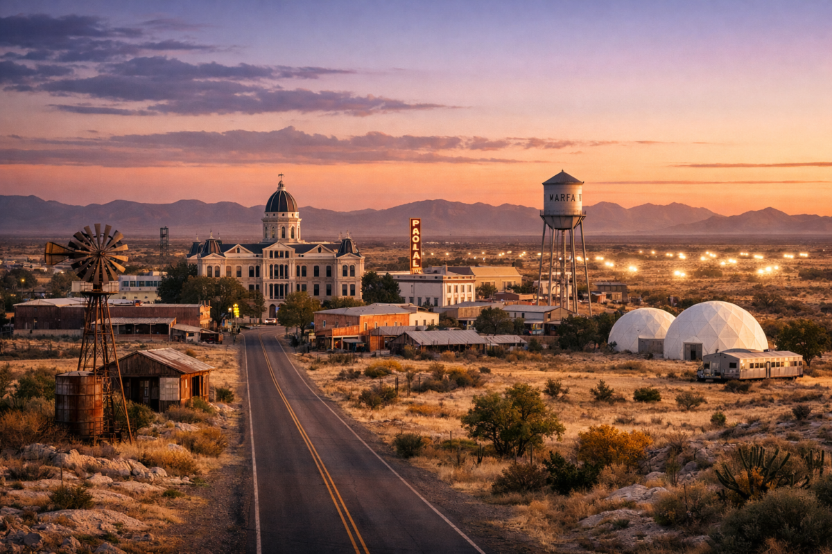 Surreal desert town of Marfa, Texas at sunset with glowing orbs, vintage neon signs, and geodesic domes under a colorful sky. underrated US travel destinations