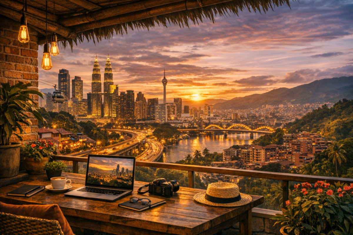 Terrace workspace overlooking Medellín’s cityscape and lush mountains at sunset.