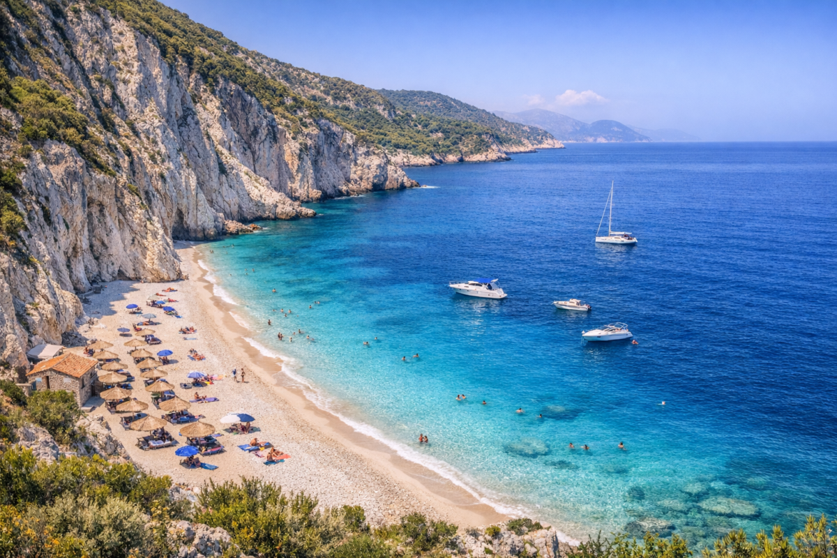 Milos Beach on Lefkada Island with turquoise waters, white sand, and steep cliffs.