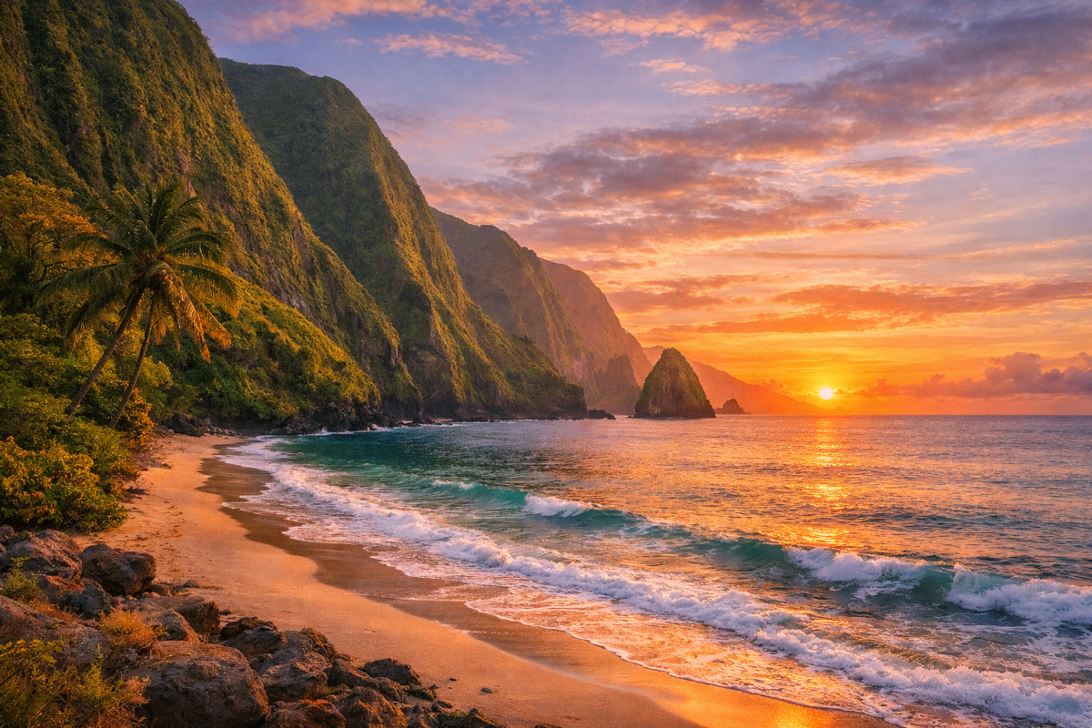 Secluded beach on Molokai with towering green sea cliffs, turquoise waters, and a golden sunrise over the Pacific Ocean.”This cinematic visual embodies the untouched spirit of Molokai — wild cliffs, pristine shores, and tranquil isolation far from the tourist trail. Would you like me to prepare a horizontal banner version description next, so it fits seamlessly into your travel site’s hero section.