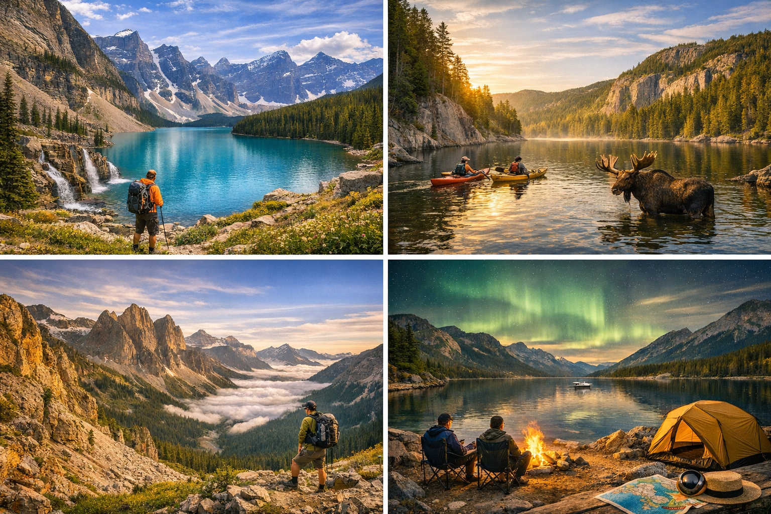 Collage of Canadian national parks with alpine lakes, kayakers near cliffs, hikers on mountain ridges, and campers under the Northern Lights.