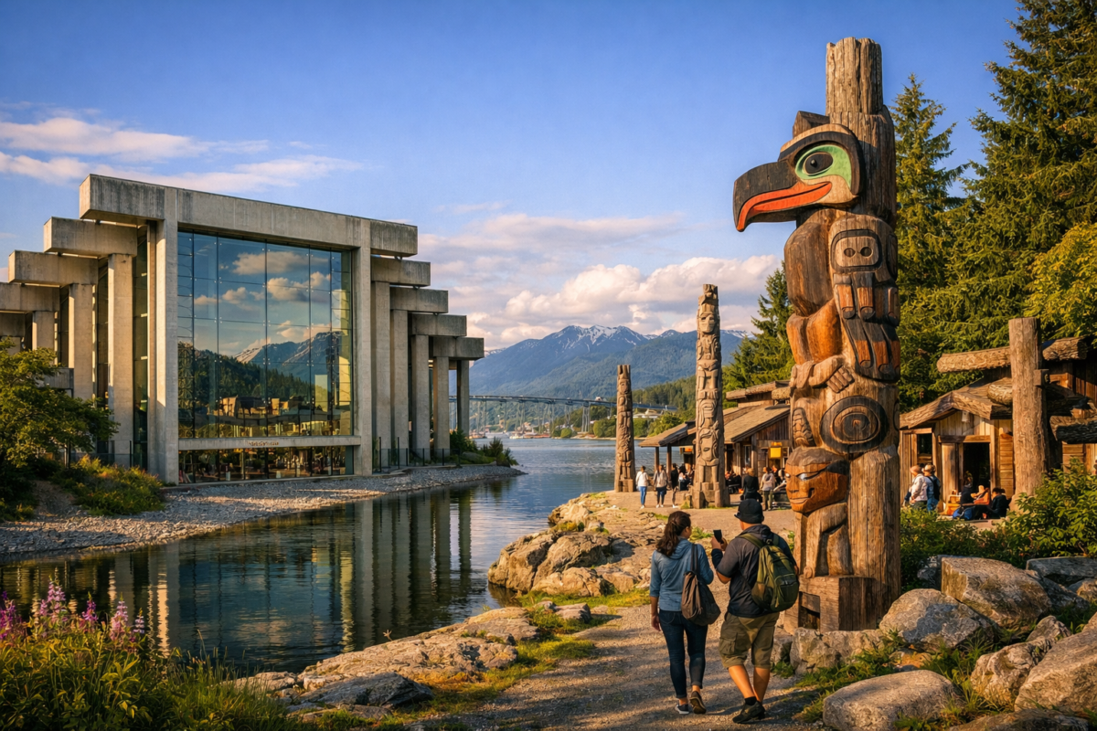  UBC’s Museum of Anthropology with glass façade reflecting ocean and mountains, surrounded by carved totem poles and lush greenery under warm afternoon light.