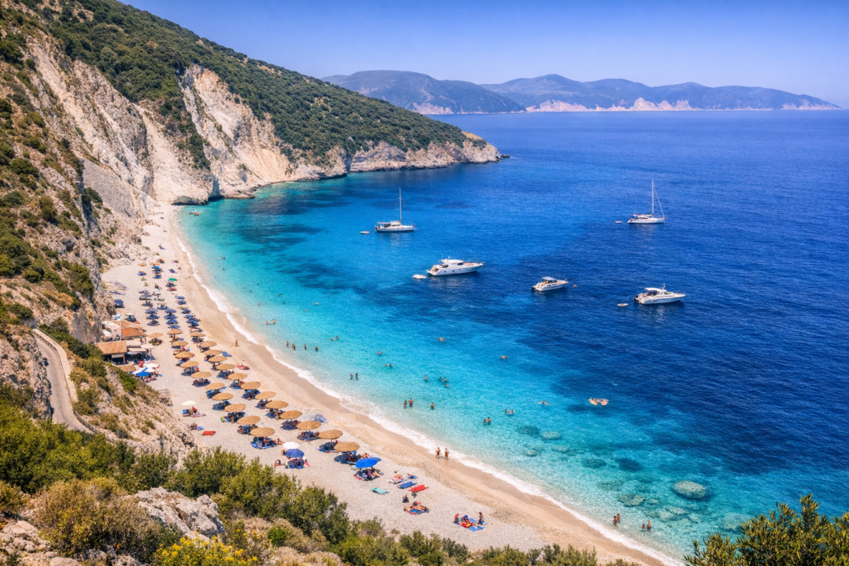 Myrtos Beach on Kefalonia Island with turquoise waters, white sand, and steep limestone cliffs.