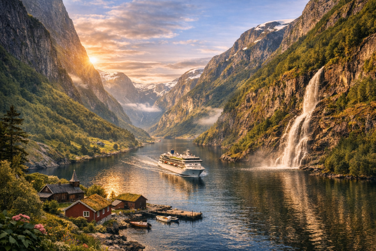 Tour boat cruising through Norway’s narrow fjord surrounded by steep cliffs, waterfall, and morning mist. best Norwegian fjords to visit.