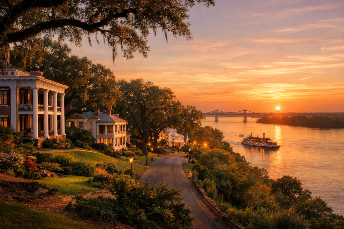 Historic mansions and oak-lined streets of Natchez, Mississippi overlooking the Mississippi River at sunset.”