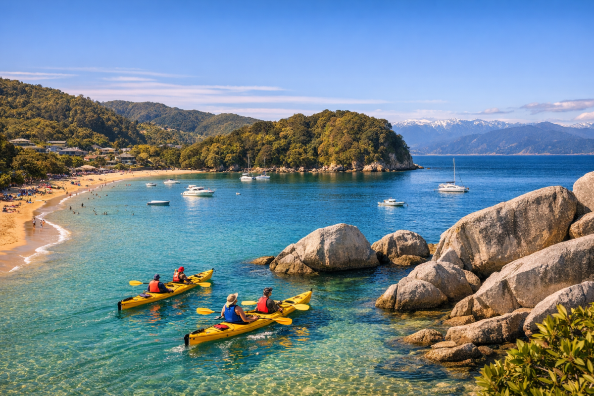  Kayakers gliding through turquoise waters between granite boulders at Kaiteriteri Beach, framed by golden sand, lush forest, and distant snow‑capped mountains under a clear blue sky.