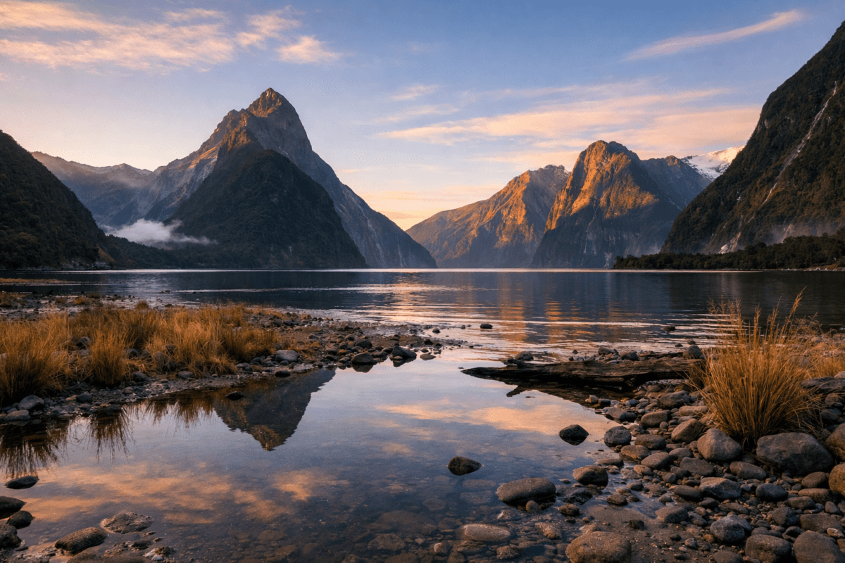 Panoramic view of New Zealand’s mountains, turquoise lakes, and rolling green hills beneath a pastel sunrise sky.