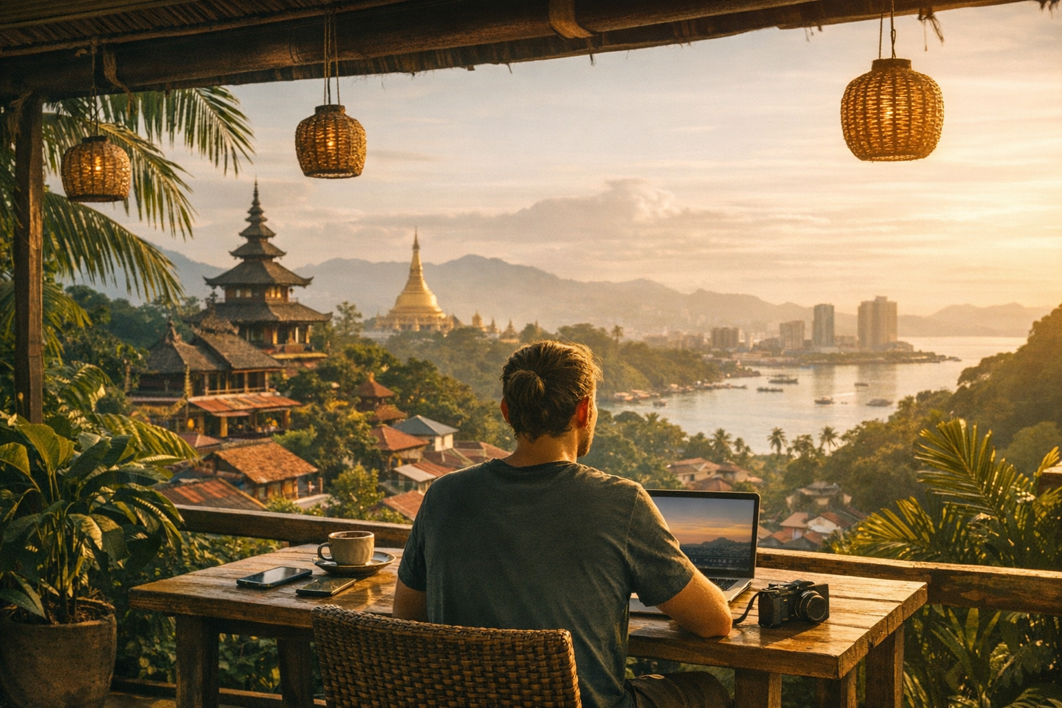 Digital nomad working on laptop overlooking Southeast Asian cityscape with temples, palm trees, and sunset glow.