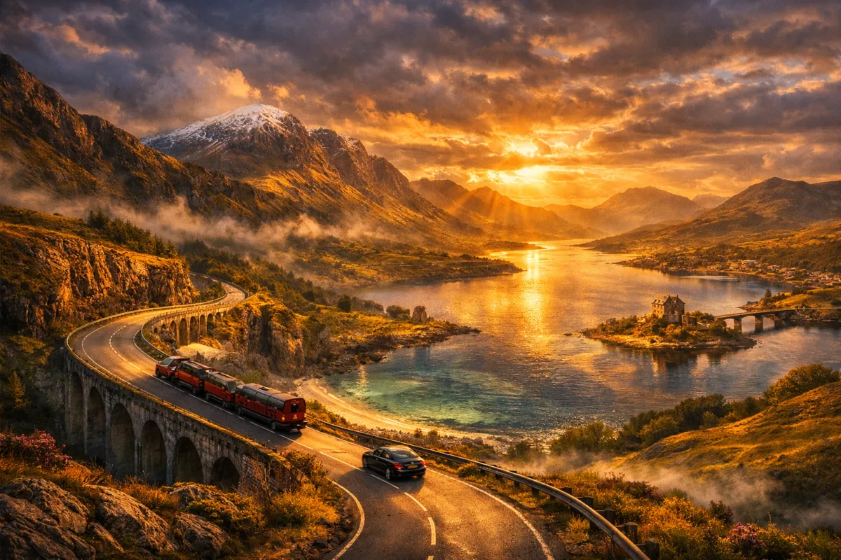 Curving coastal road along Scotland’s northern cliffs, passing turquoise bays, rugged mountains, and a lone car gliding through golden light toward distant lochs and castles. Scottish Highlands what to see.