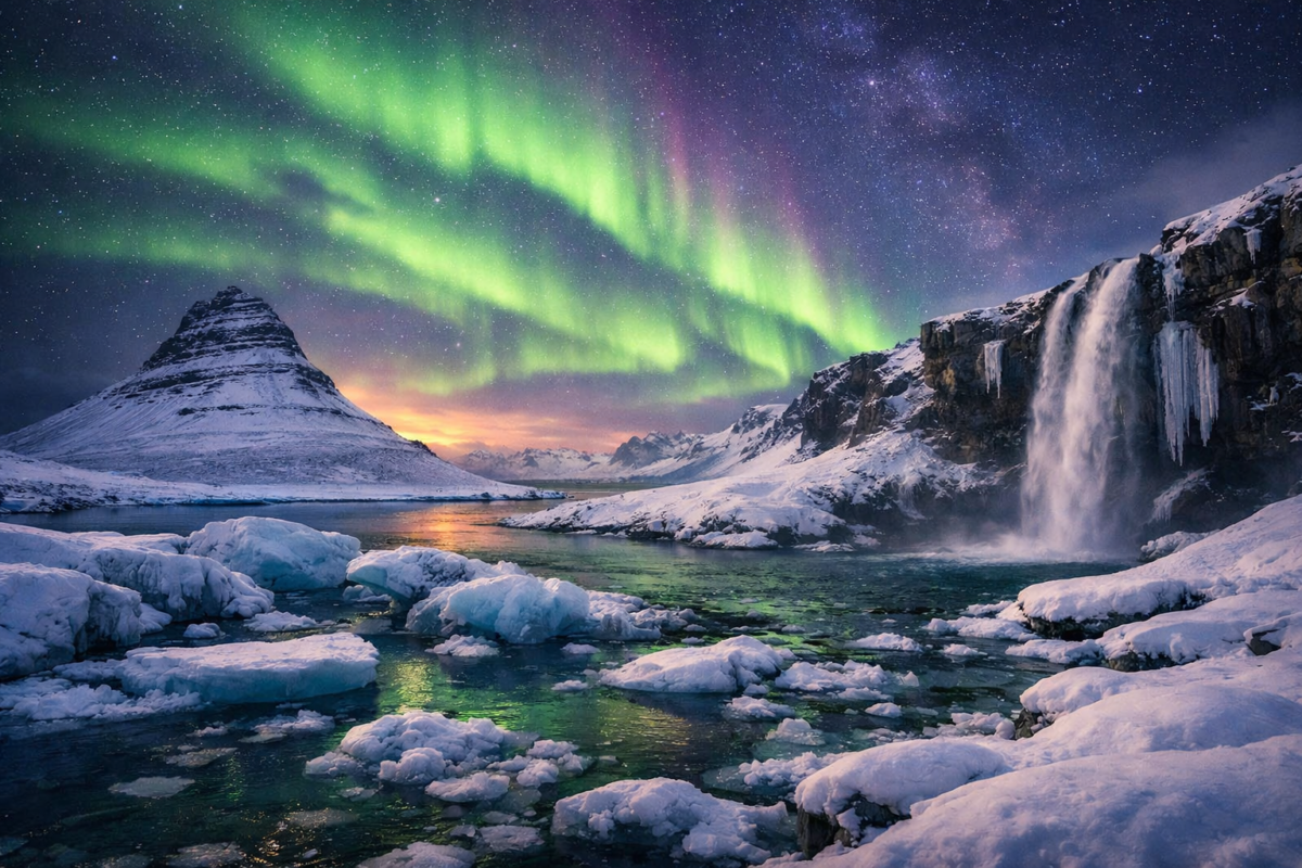 Northern Lights in Iceland glowing above icy lagoon, frozen waterfall, and snow‑covered mountains under a starry winter sky.