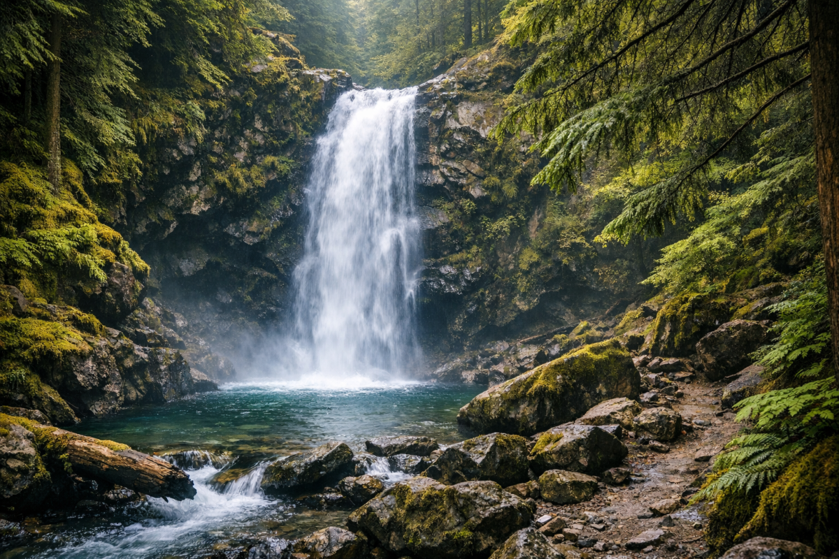 Misty waterfall cascading through moss-covered cliffs into a clear forest pool at Lynn Headwaters Regional Park, surrounded by lush ferns and towering evergreens. Norvan Falls.