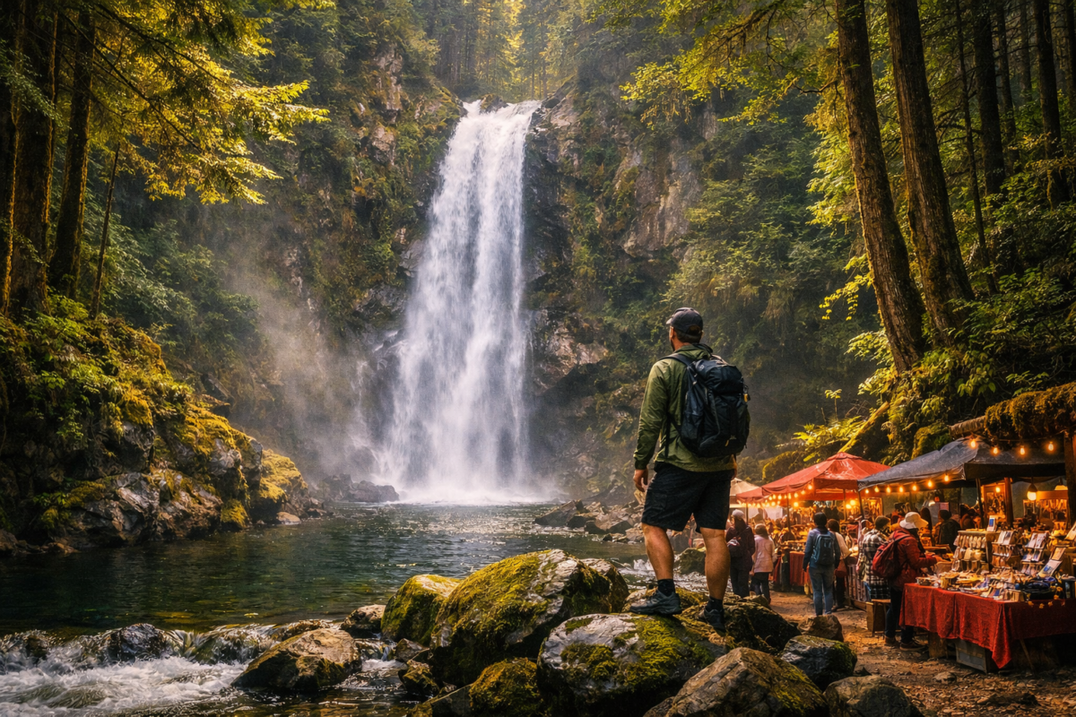  A hiker stands on moss‑covered rocks gazing at Norvan Falls, surrounded by towering cedar and fir trees with mist rising from the waterfall in the lush, shaded forest.