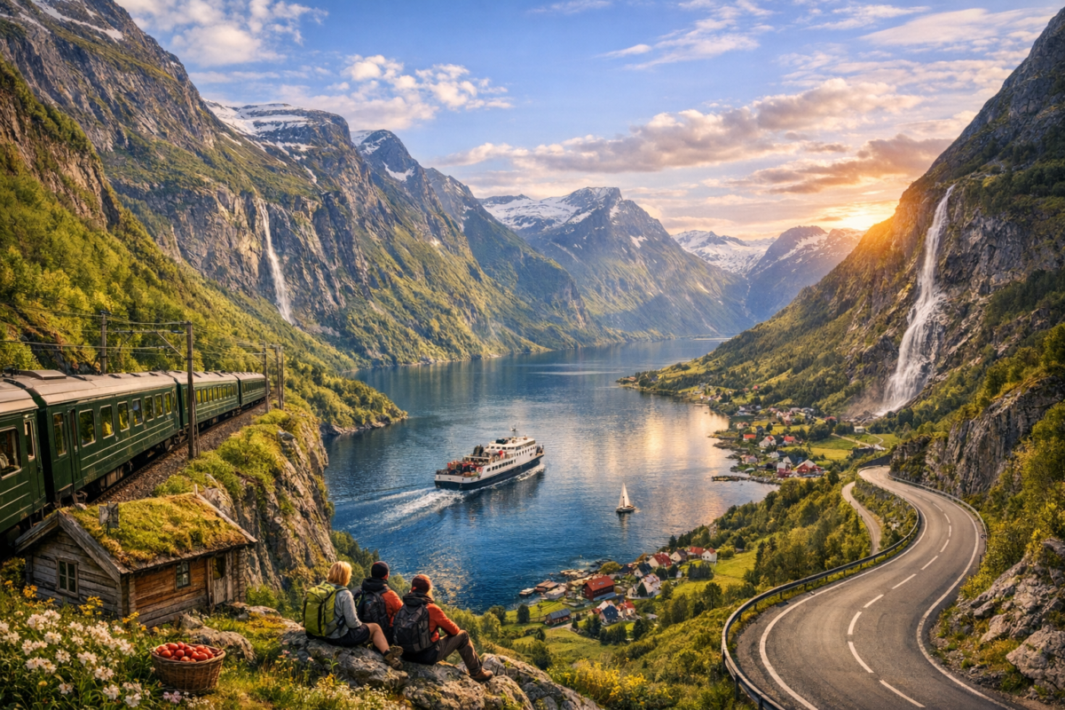 Train, ferry, and winding road through Norway’s scenic landscapes with mountains and fjord.