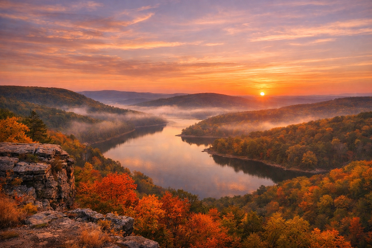 Sunrise over the Ozark Mountains with misty valleys, autumn forests, and a tranquil lake reflecting golden light.”This cinematic visual evokes the quiet majesty of the Ozarks — rolling hills, forested ridges, and timeless serenity. Would you like me to prepare a horizontal banner version description next, so it fits seamlessly into your travel site’s hero section.
