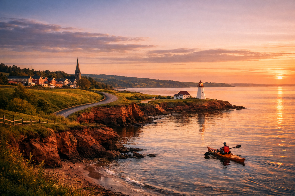 Prince Edward Island’s red sandstone cliffs and winding coastal road leading to a white lighthouse at sunset, with calm waters reflecting pastel skies — capturing the peaceful essence of the Gentle Island. Maritime Canada travel.