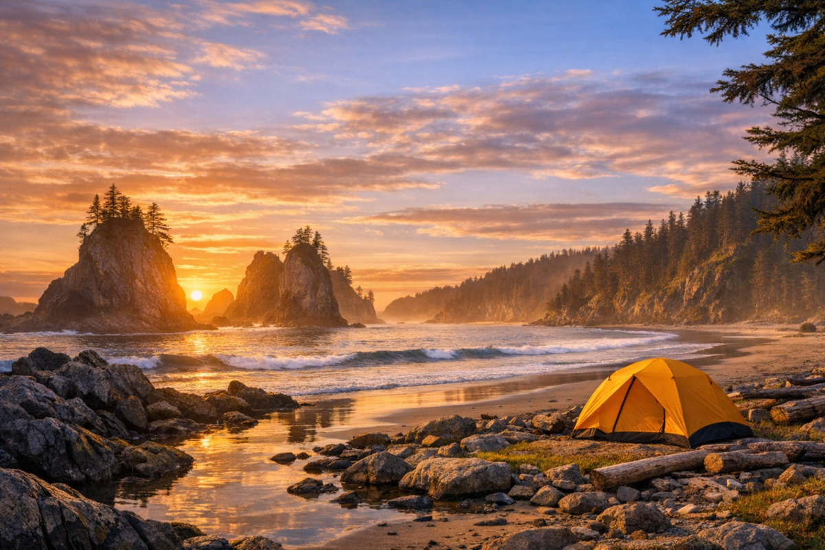 Sunset over Pacific Rim National Park Reserve, British Columbia, with rocky sea stacks, misty rainforest, and waves crashing on the beach near a yellow tent.