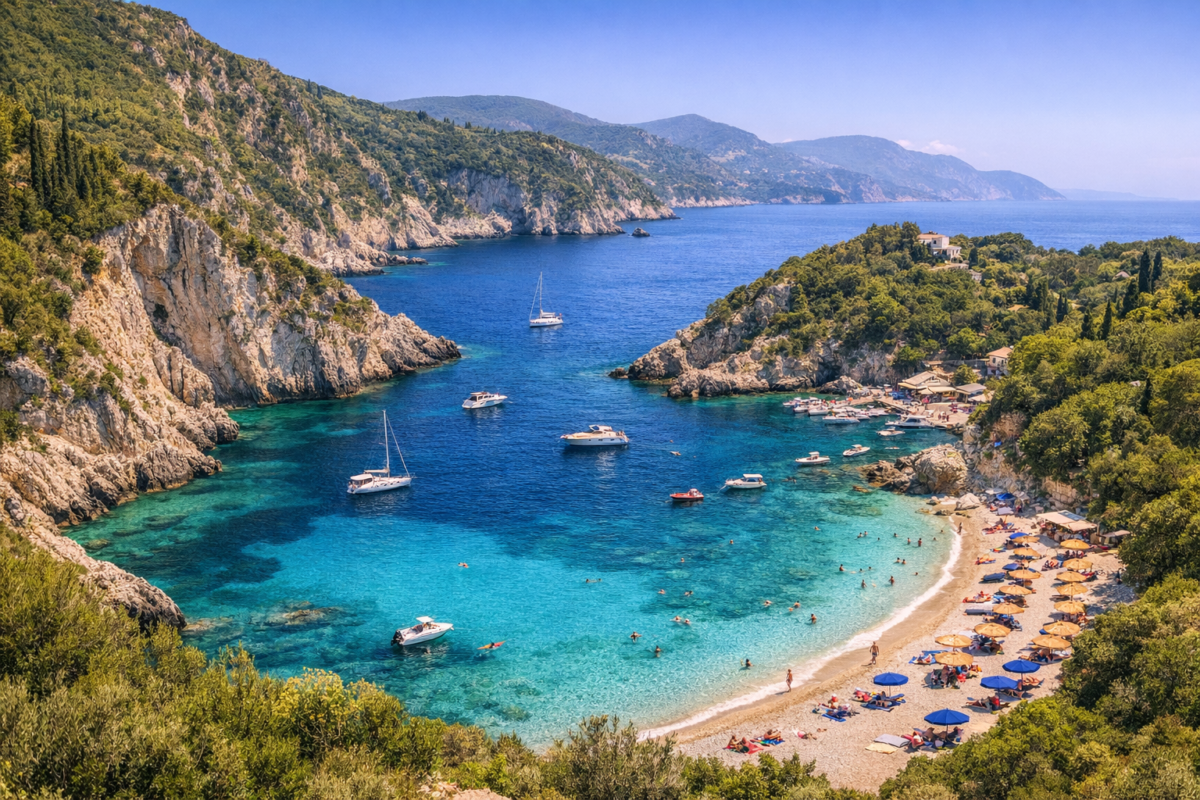 Paleokastritsa on Corfu Island with turquoise waters, golden beach, and lush green cliffs. hidden beach destinations Europe.