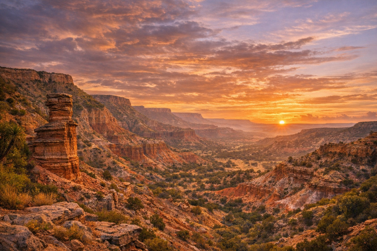 Sunset over Palo Duro Canyon, Texas, with towering hoodoo formations, red rock cliffs, and golden light illuminating the desert landscape.”This cinematic visual reveals the grandeur of Texas’s hidden canyon — vast, colorful, and wild, yet often overlooked beside its famous sibling. Would you like me to prepare a horizontal banner version description next, so it fits seamlessly into your travel site’s hero section.