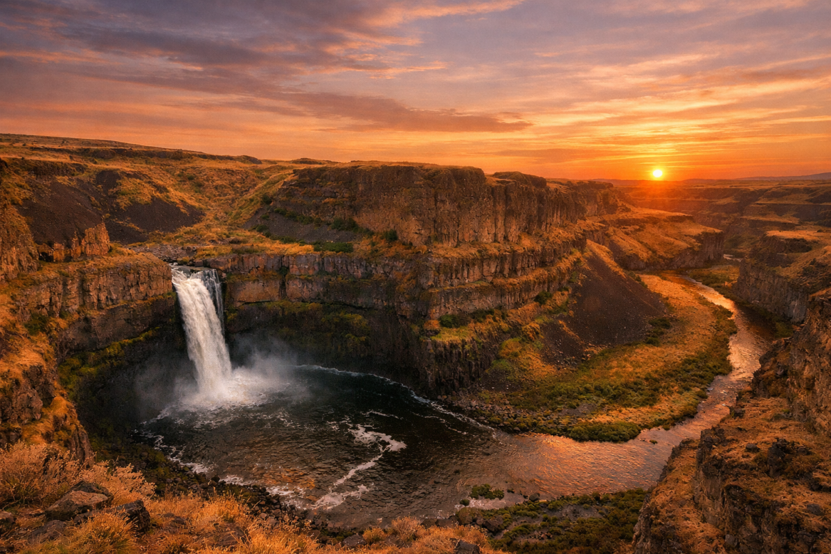 Palouse Falls waterfall plunging into a rugged canyon at sunset, surrounded by golden hills and winding river.