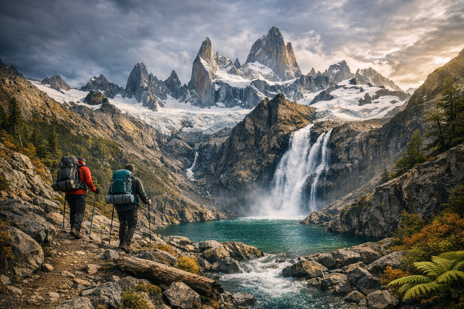 Hikers trekking along a rugged trail with snow‑capped Fitz Roy mountains in the background, overlooking a turquoise glacial lake in Patagonia under dramatic skies.