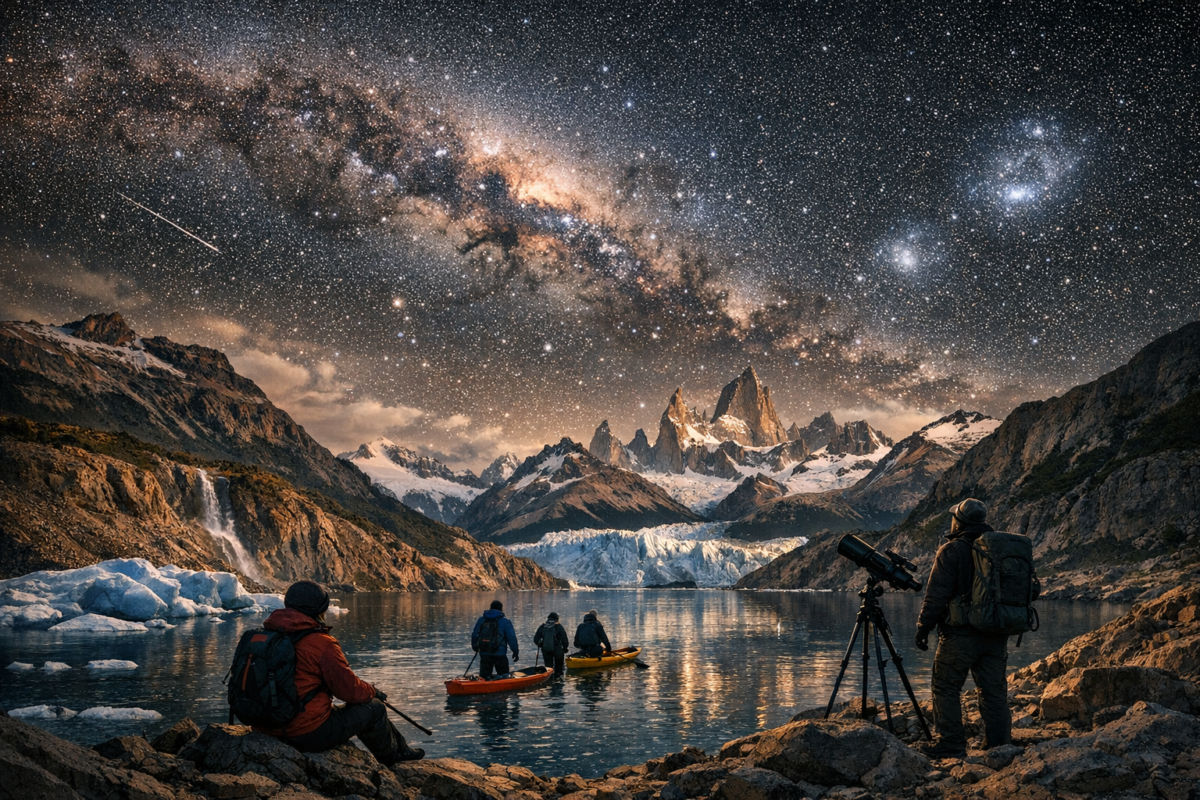 Stargazers beneath the Milky Way arching over the Atacama and Patagonian wilderness, with a glowing tent, telescope, and mirrored alpine lake reflecting snow‑capped peaks under a star‑filled sky.