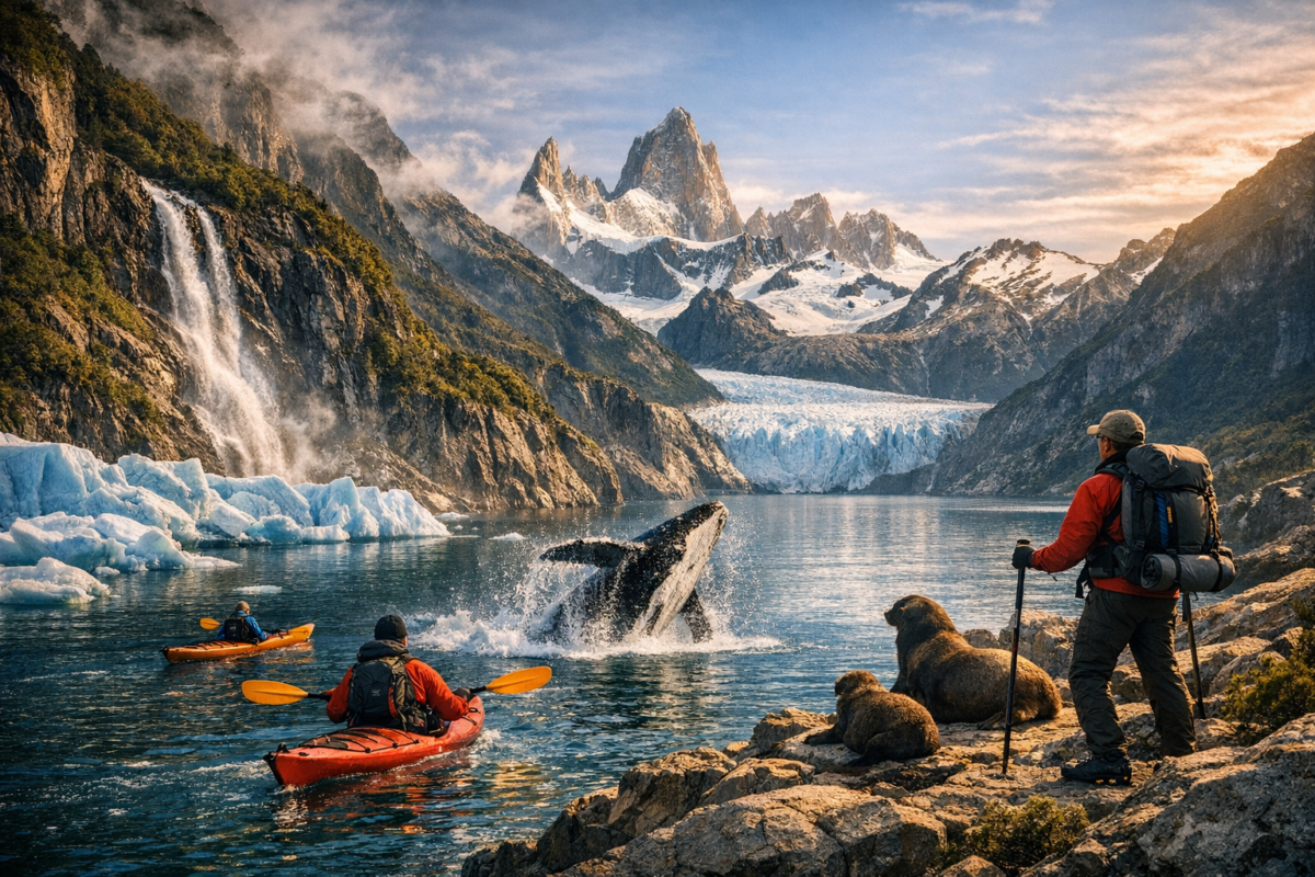 Kayakers paddling through calm, reflective fjord waters surrounded by towering snow‑capped peaks, cascading waterfalls, and a distant glacier glowing under golden Patagonian light.