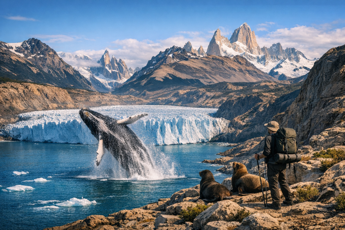 Breaching humpback whale near rocky cliffs with sea lions basking in sunlight along the coast of Peninsula Valdés, surrounded by deep blue ocean and clear Patagonian skies.