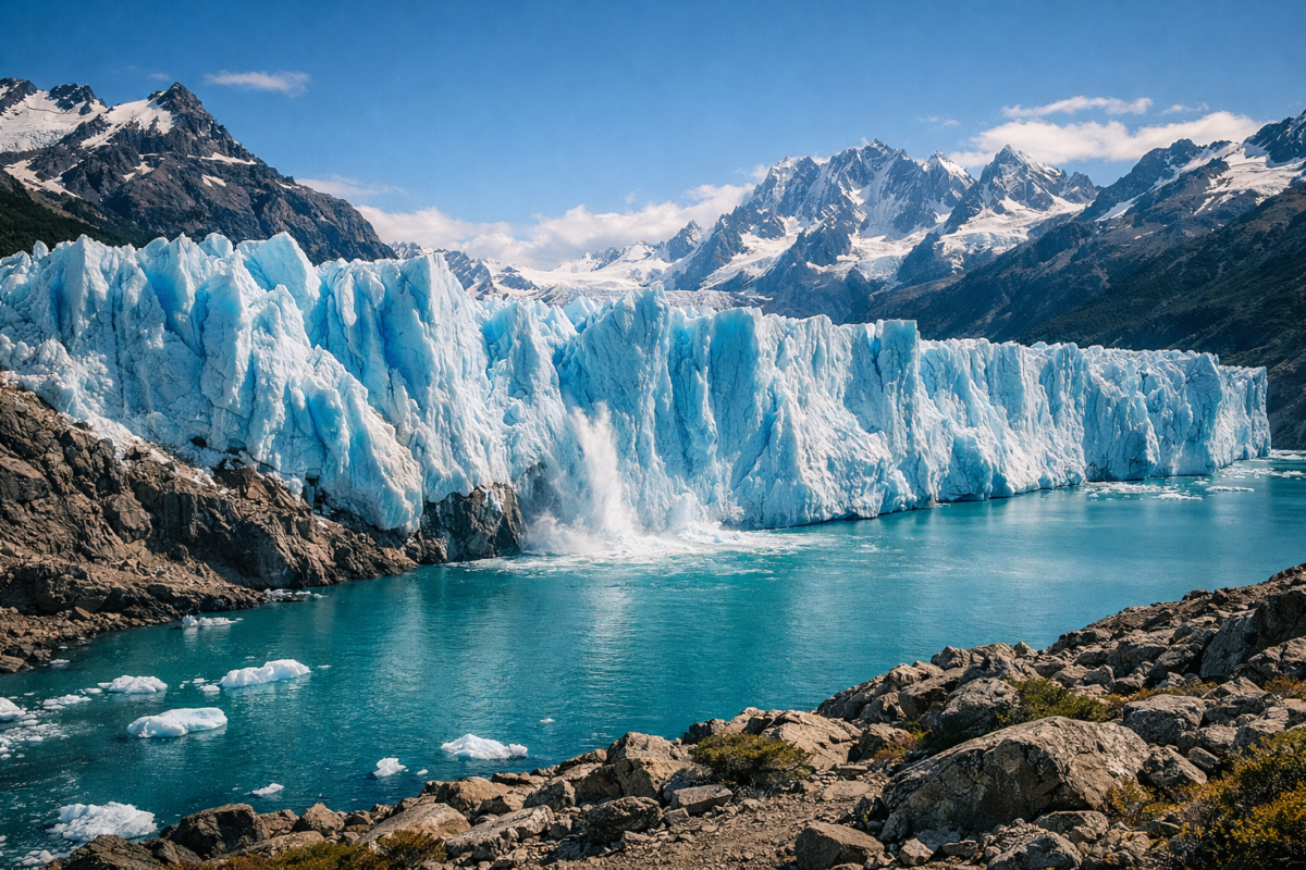 Towering blue ice walls of Perito Moreno Glacier rising above a turquoise lake in Los Glaciares National Park, surrounded by rugged snow‑capped Patagonian peaks under clear skies.