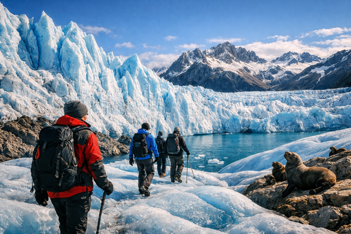 Adventurers crossing the shimmering blue surface of Perito Moreno Glacier with towering ice formations and distant snow‑capped peaks under clear Patagonian skies.