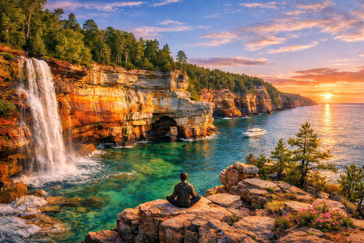 Vibrant sandstone cliffs of Pictured Rocks National Lakeshore glowing in sunset light, with turquoise Lake Superior and cascading waterfall. Hidden gems in the USA