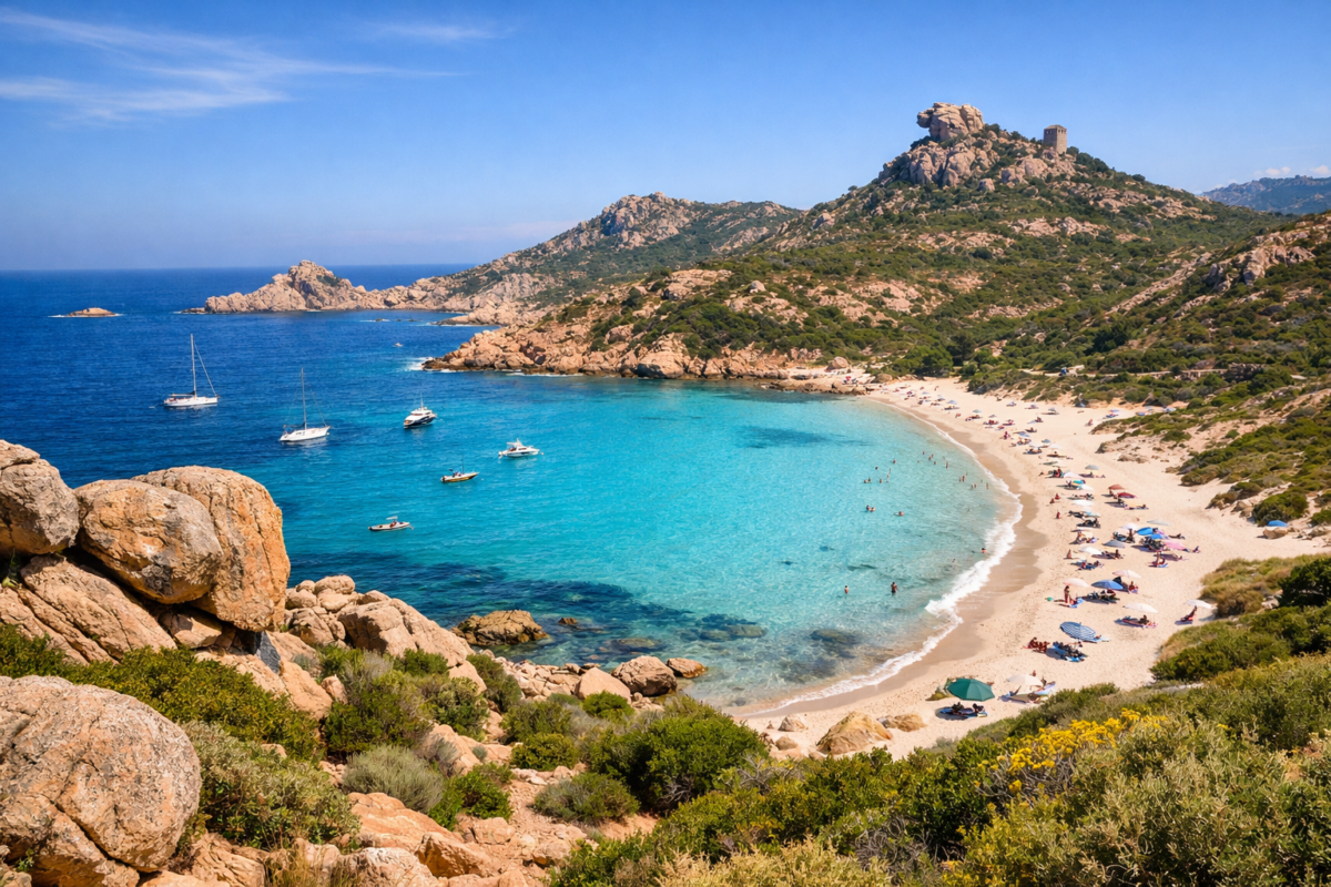 Crescent beach and turquoise sea below the Lion de Roccapina rock in Southern Corsica, France.