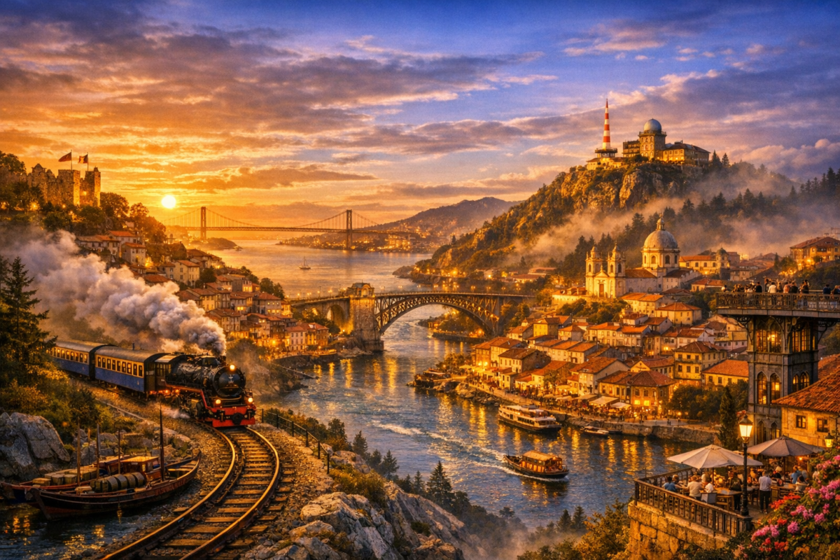  Golden sunset over the Douro River with the Dom Luís I Bridge illuminated, colorful Ribeira houses cascading down the hillside, and traditional Rabelo boats moored in the foreground.