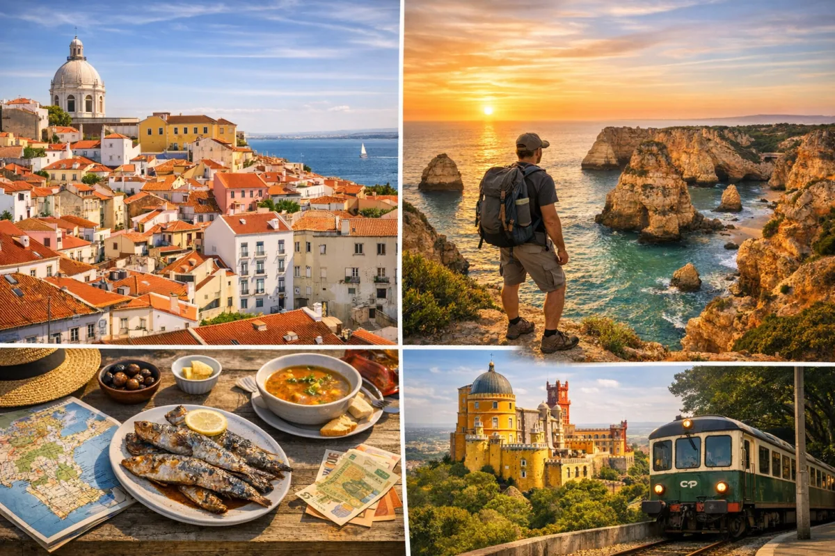 Collage of Portugal budget travel: Lisbon rooftops, Algarve cliffs at sunset, traditional Portuguese meal, and Sintra’s colorful palace